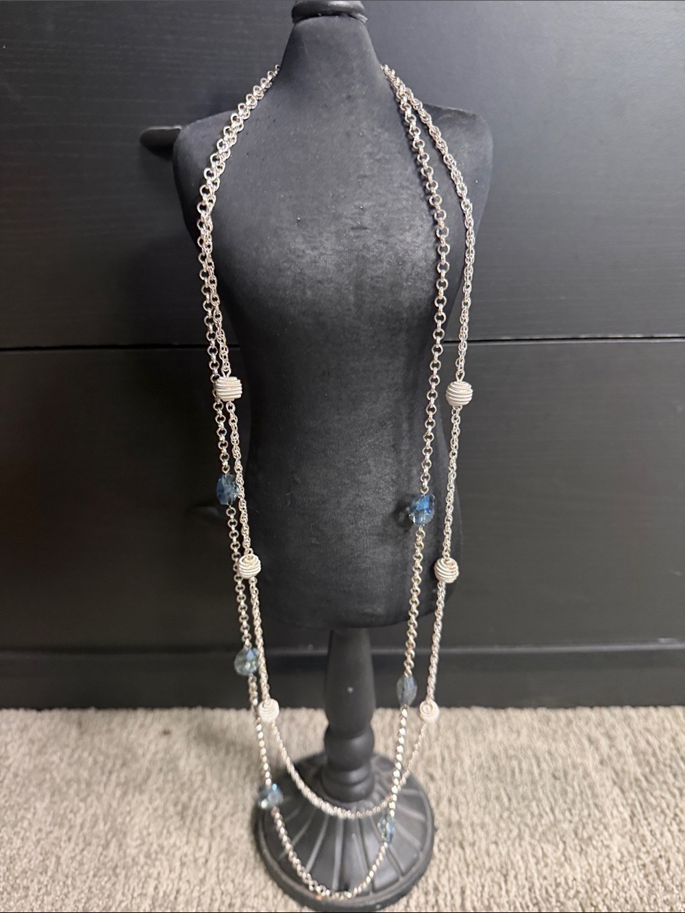 Long Silver Multi-Strand Necklace with Blue Accent Beads